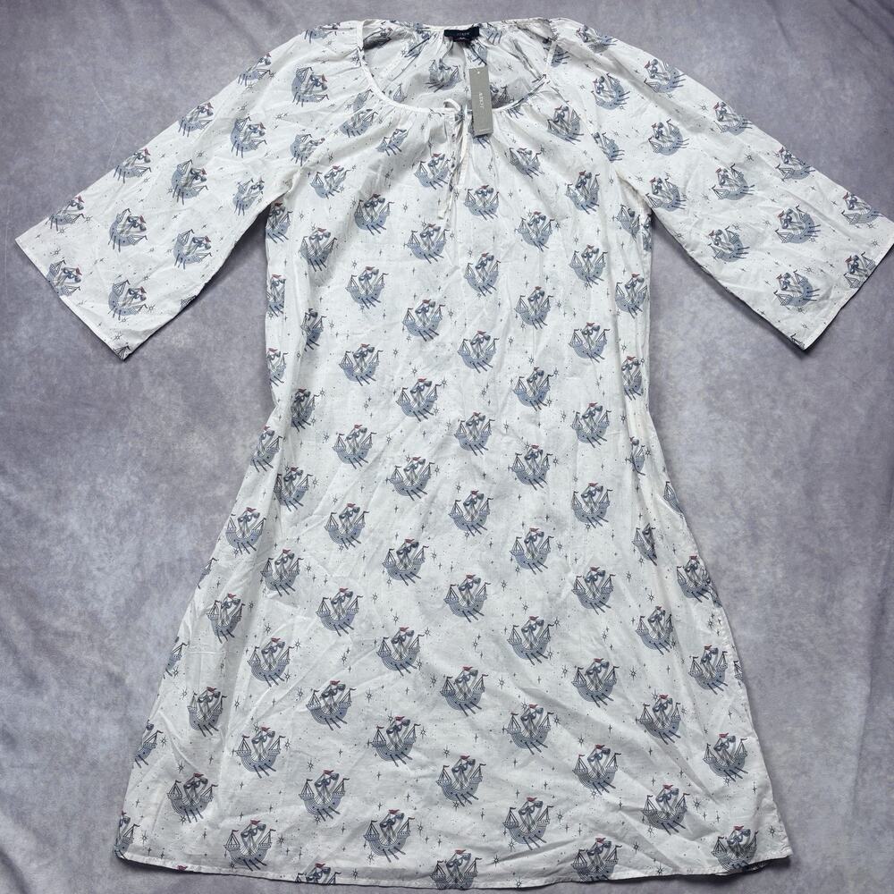 J.Crew Women's Cotton Long Sleeve Pajama Dress Swaying Ships Print White S/M NWT